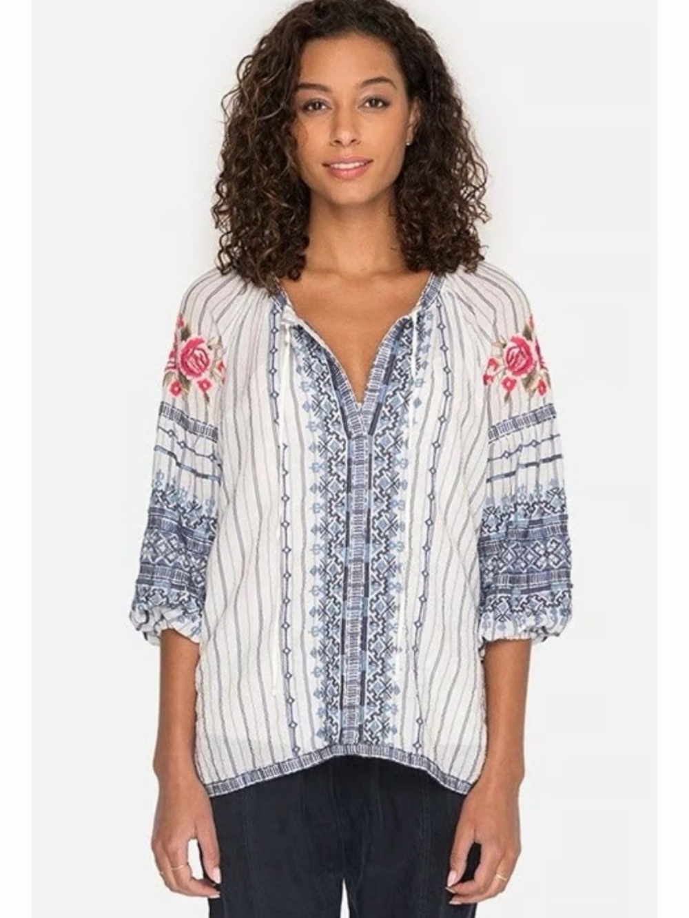 JOHNNY WAS Shea Blouse Santori Stripes Embroidered Blue/White Peasant Boho Med - Picture 12 of 13